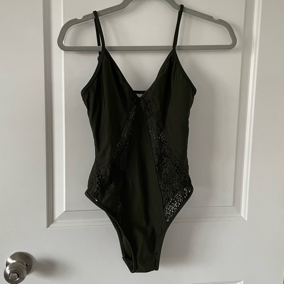 Olive Green Backless One-Piece with Laser Cutout Detail - Picture 1 of 3